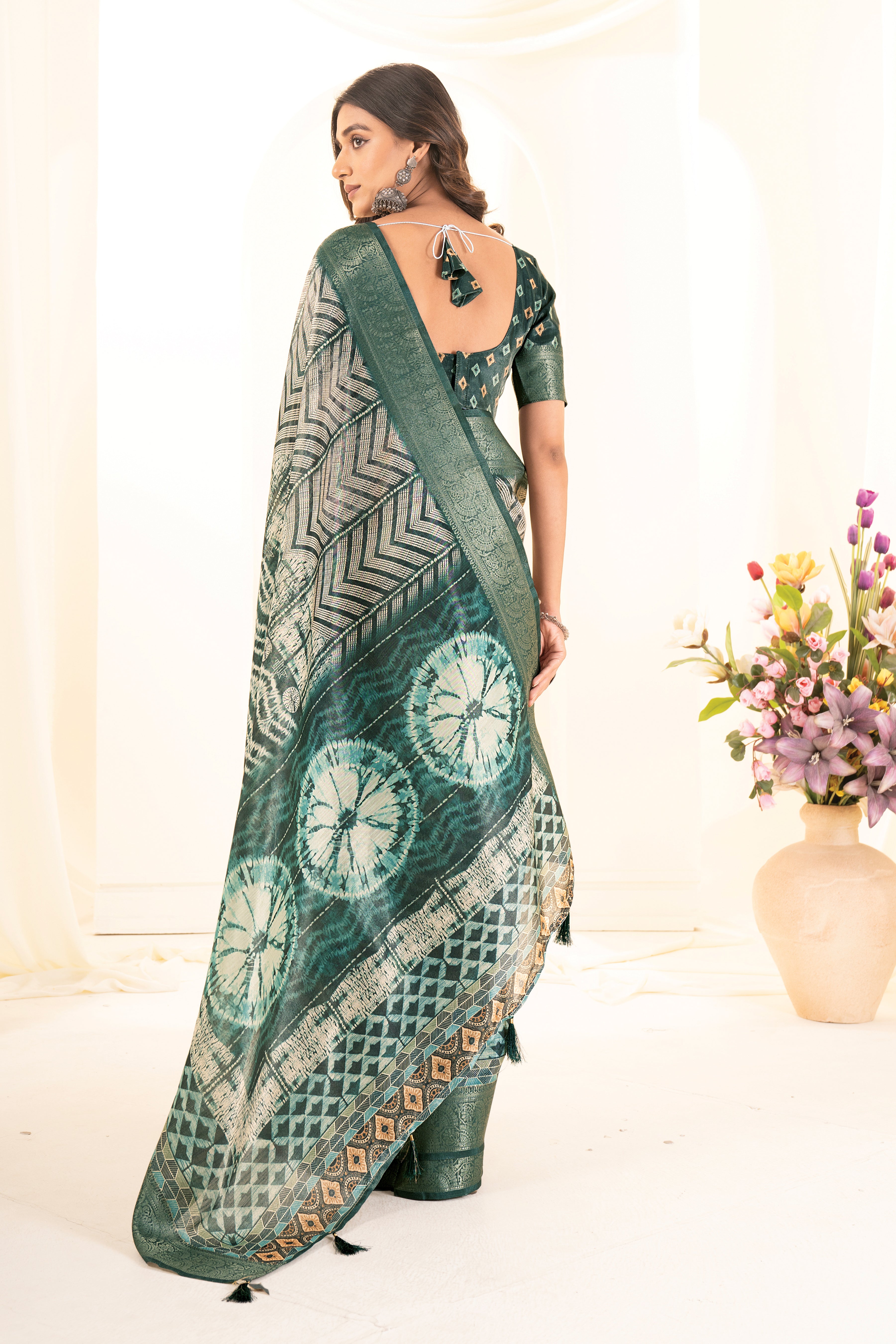 Bottle Green Tussar Silk Ajrak Saree